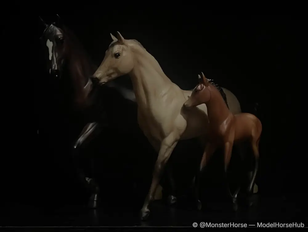 Sport Horse Family - Bay Warmblood Stallion with Dun Warmblood Mare and Bay Morgan Foal